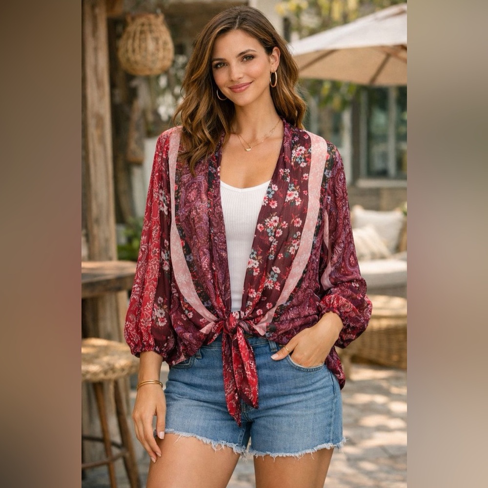 🌺 Lovestitch Boho Tie-Front Kimono Blouse Floral Patchwork
